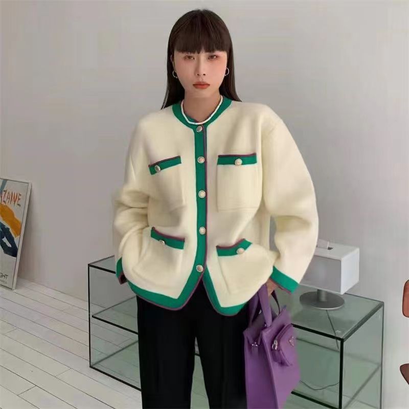 2023早春新款tutu韓版寬鬆小香風撞色邊四口袋針織開衫毛衣外套女