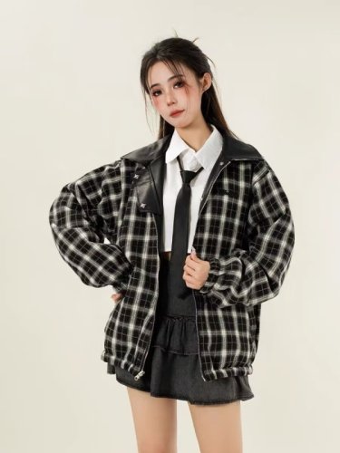 Reversible Plaid Baseball Jacket Women's Autumn and Winter American Retro Reversible Motorcycle Jacket Leather Jacket