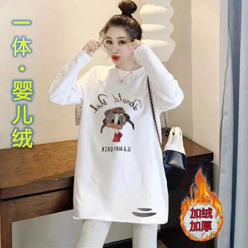 白色高端純棉長袖t恤女寬鬆秋冬季中長款破洞加絨打底衫上衣