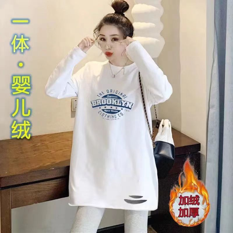純棉白色高端長袖t恤女寬鬆秋冬季中長款破洞加絨打底衫上衣