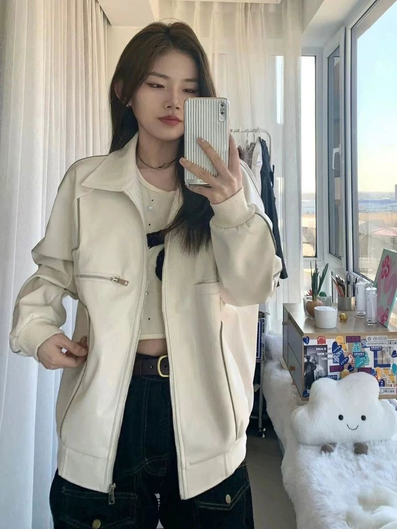 American retro leather coat white autumn and winter coat for women new trendy ins design loose casual Hong Kong style