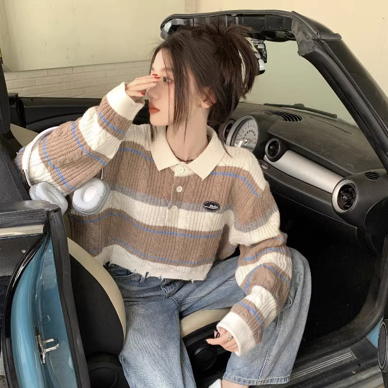 polo領條紋針織衫短款破洞毛衣女設計感小眾秋冬寬鬆慵懶風上衣