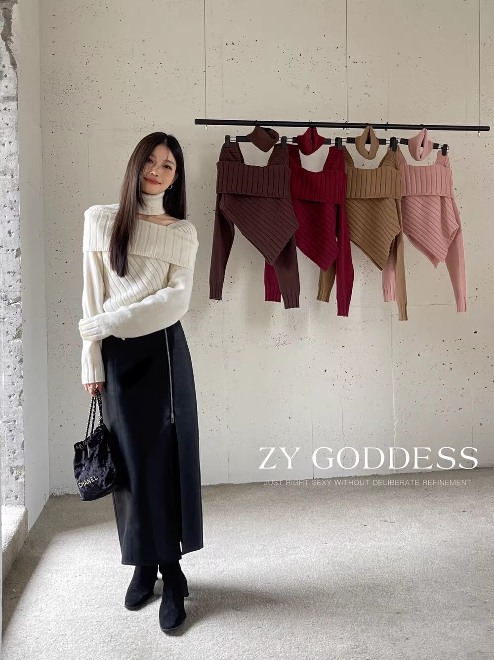 zy2023冬季新款韓版設計感不規則女人柔糯顯瘦毛衣掛脖露肩針織衫