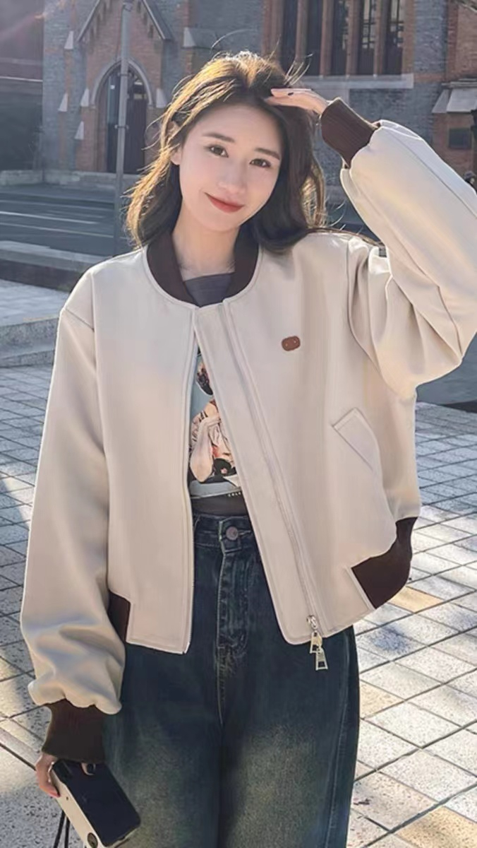 華棉複合銀狐絨加絨款棒球服外套女冬加絨街頭短款撞色夾克