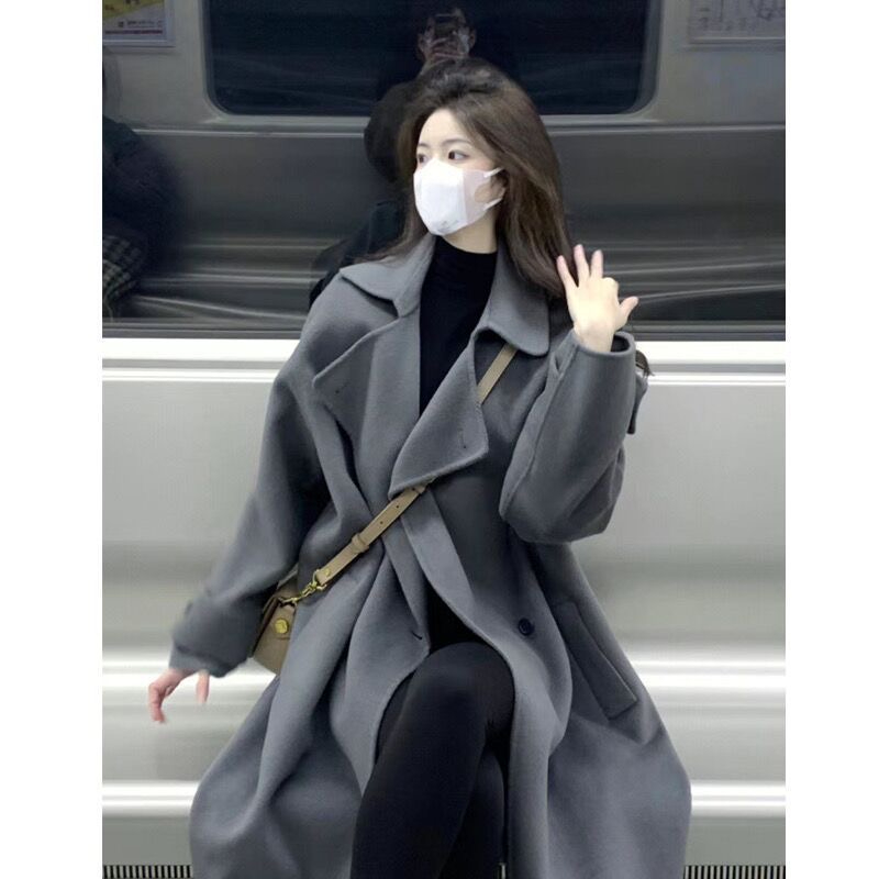 灰色毛呢外套2023秋冬季新款呢子大衣女加厚中長款氣質赫本風韓系