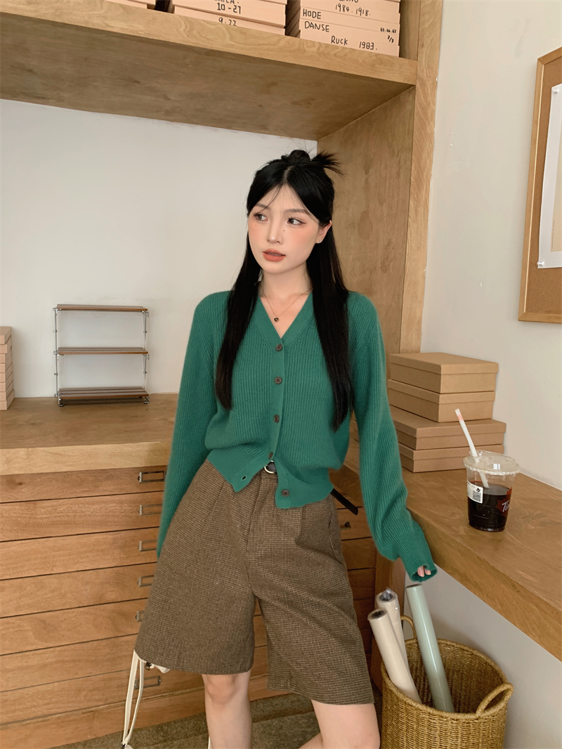 實拍：復古法式V領糯嘰嘰海馬毛針織開衫外套純色疊穿上衣