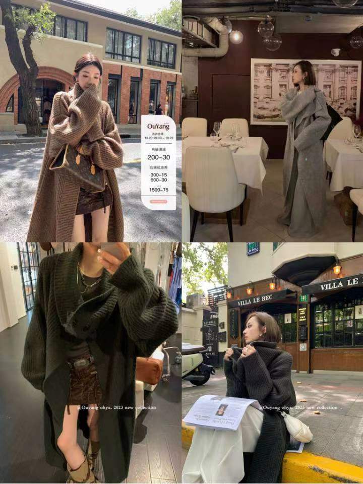 區區歐陽大翻領長款開衫外套女秋季設計感小眾針織衫寬鬆復古毛衣