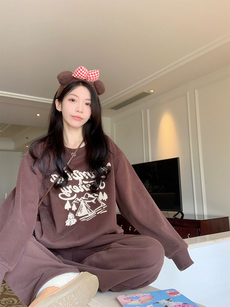 實拍 秋冬韓chic簡約時尚閨蜜套裝印花衛衣+半身裙+休閒褲