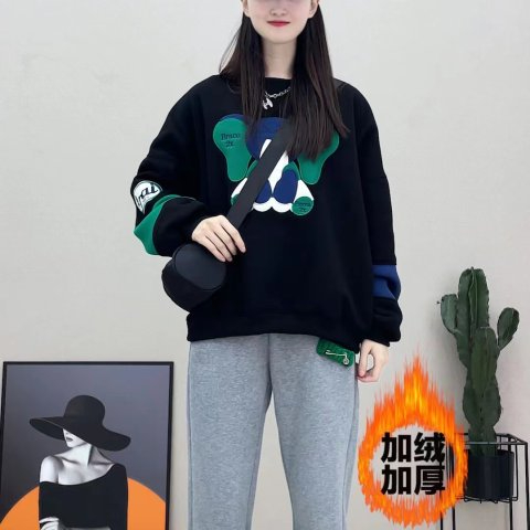 運動服套裝女秋冬加絨休閒時尚新款減齡炸街衛衣兩件套#2072+2077