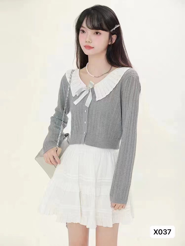 秋季新款甜美減齡娃娃領拼色蝴蝶結長袖開衫上衣女