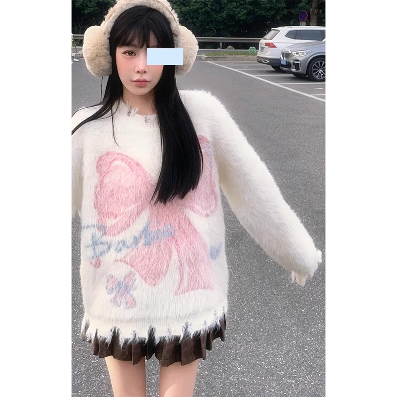 甜美慵懶風長袖毛衣女冬季設計感圓領寬鬆長袖顯瘦毛絨針織上衣潮