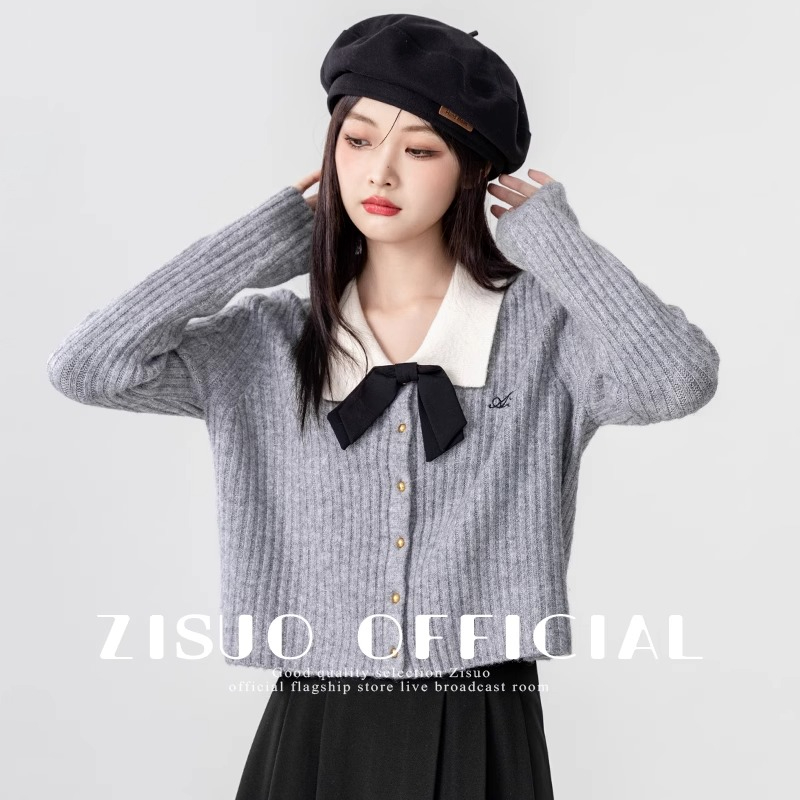 天貓質量蝴蝶結灰色毛衣外套女設計感長袖針織開衫小眾短上衣