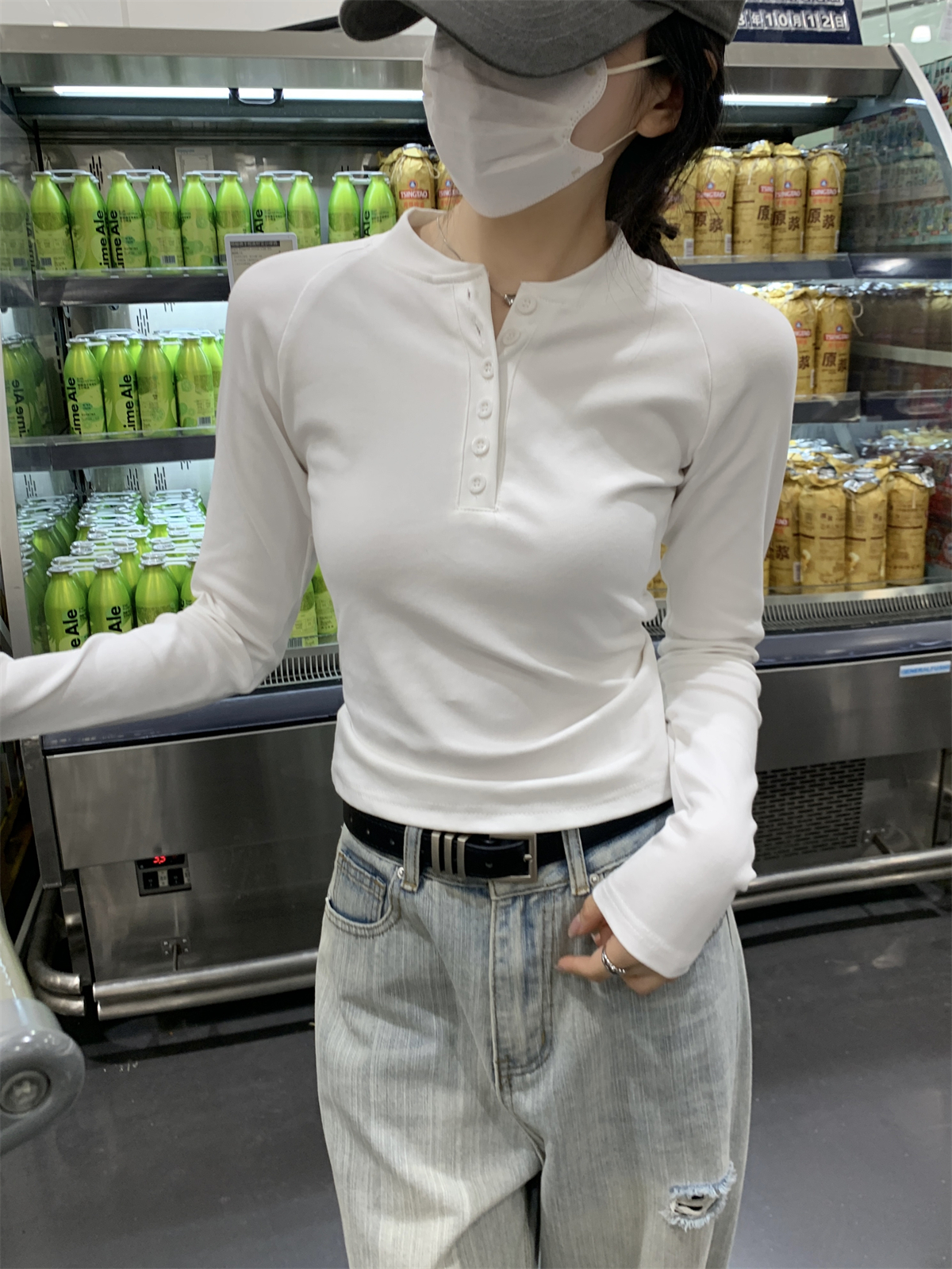 實拍 秋冬韓版修身氣質插肩紐扣設計感純棉長袖T恤內搭女上衣