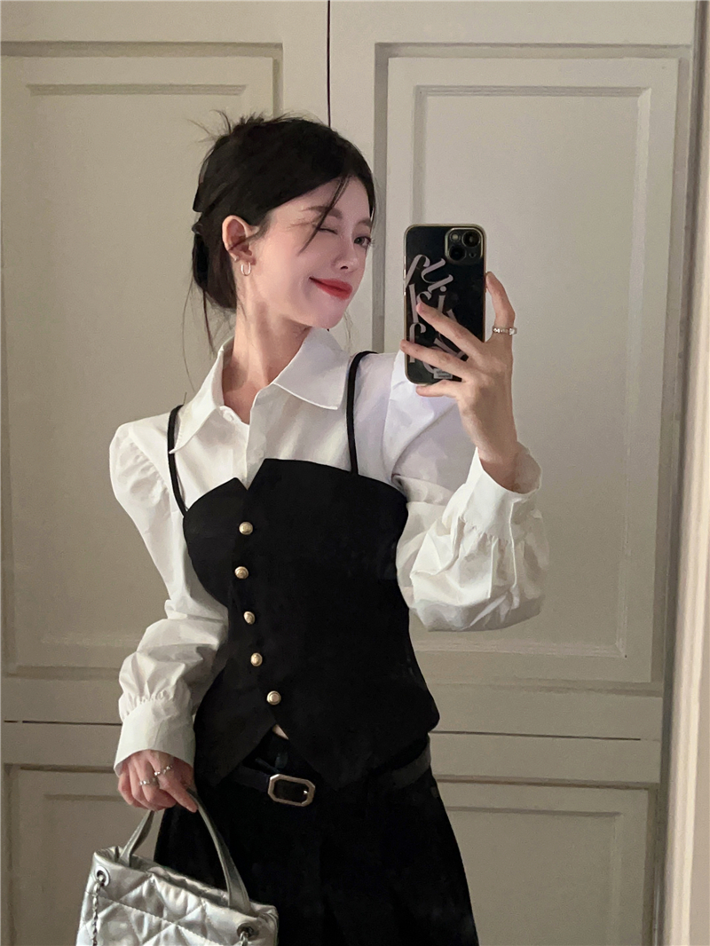 實拍韓系翻領吊帶拼接假兩件泡泡袖收腰顯瘦襯衫上衣小外套女