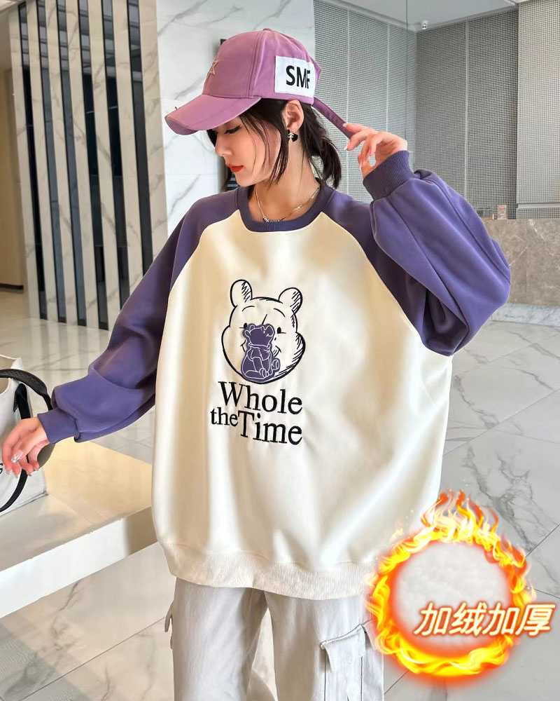 華棉複合銀狐絨+後包領撞色拼接刺繡加絨衛衣女
