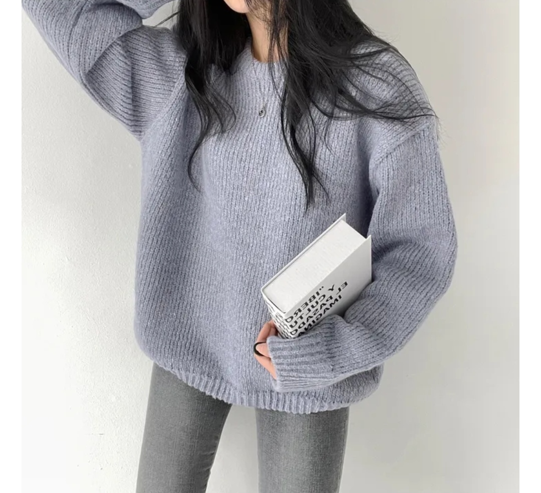韓國chic秋冬圓領簡約百搭厚款毛衣女慵懶寬鬆厚針織衫 6色