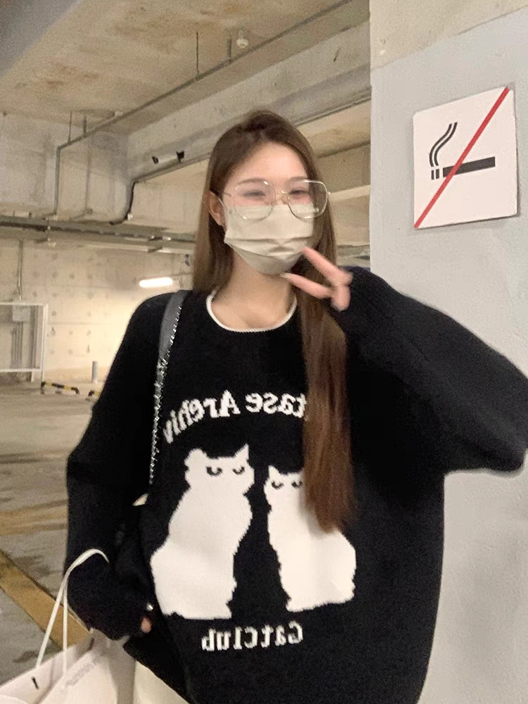 烏77可愛卡通貓咪毛衣學院風減齡慵懶感寬鬆顯瘦圓領套頭針織上衣