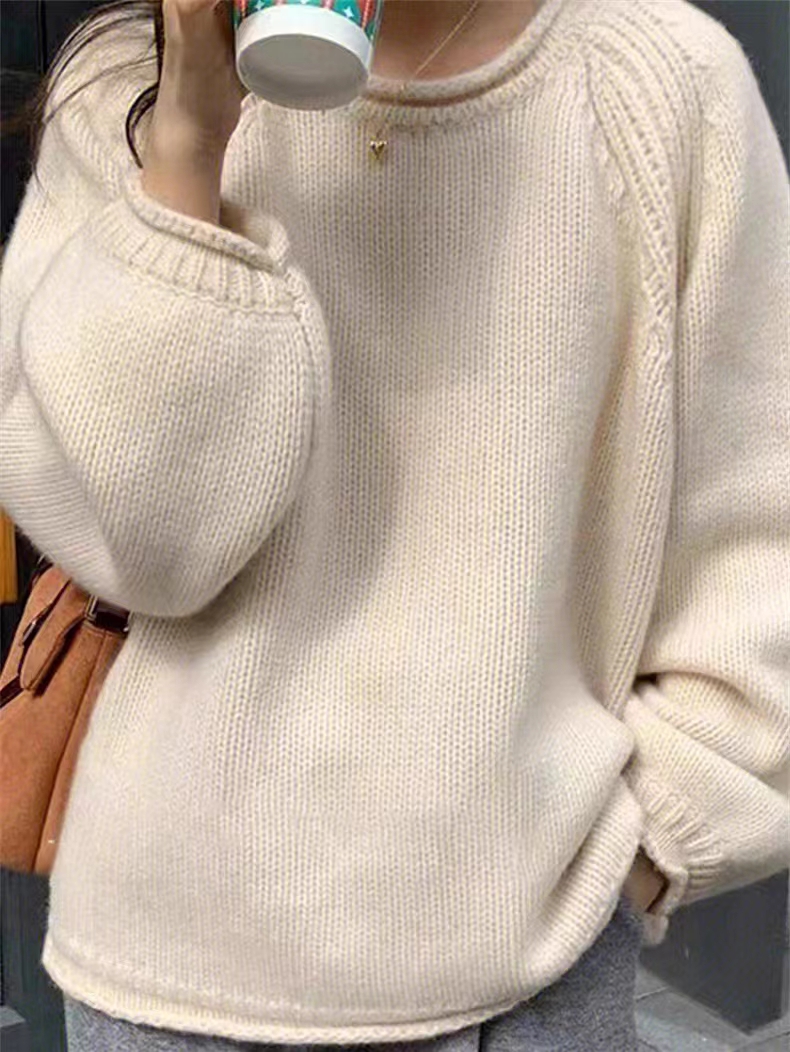韓版卷邊軟糯粗針毛衣女早秋寬鬆慵懶風套頭針織衫上衣加厚