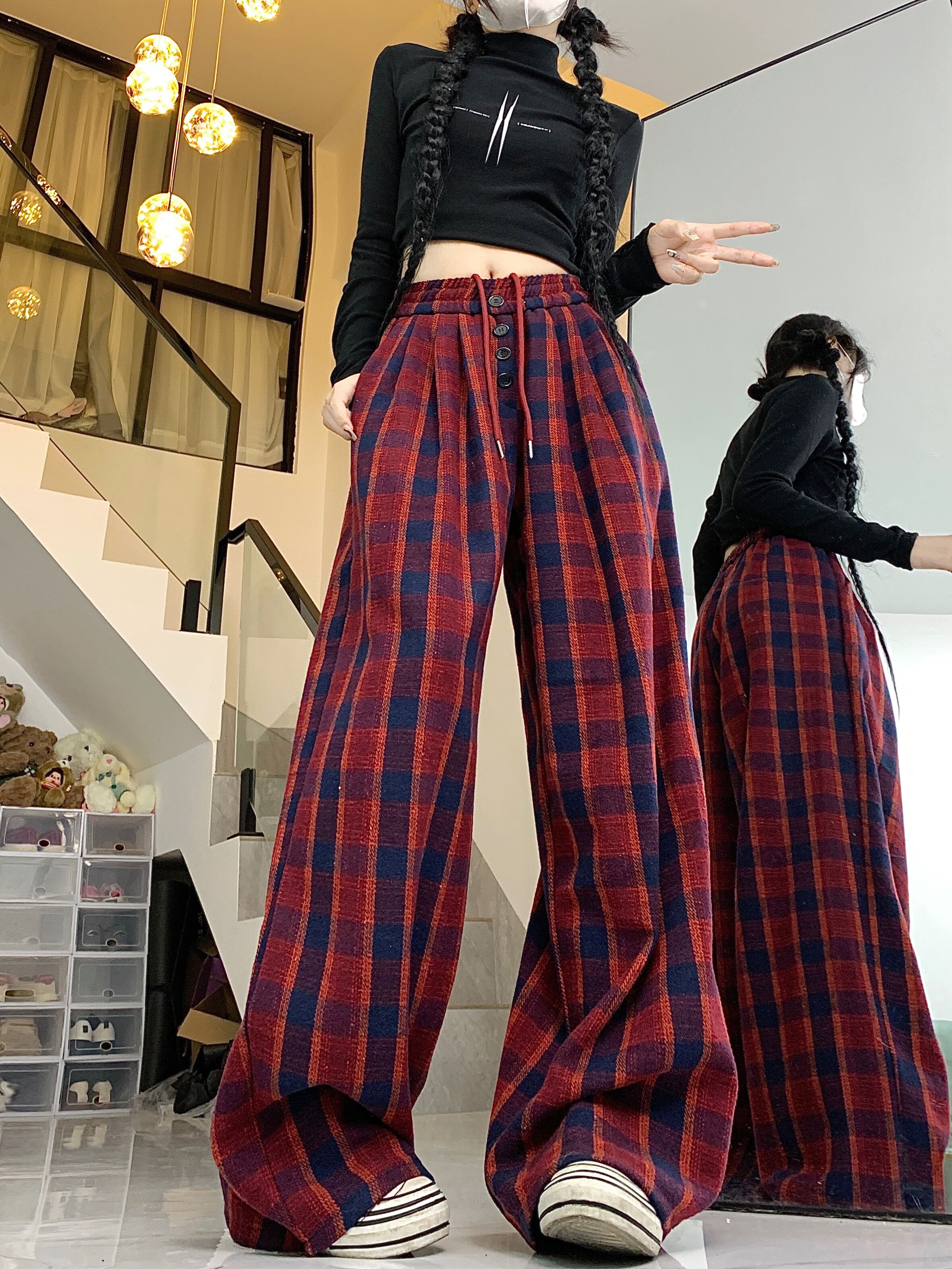 實拍~秋冬新款慵懶風格子休閒褲高腰顯瘦直筒拖地闊腿褲