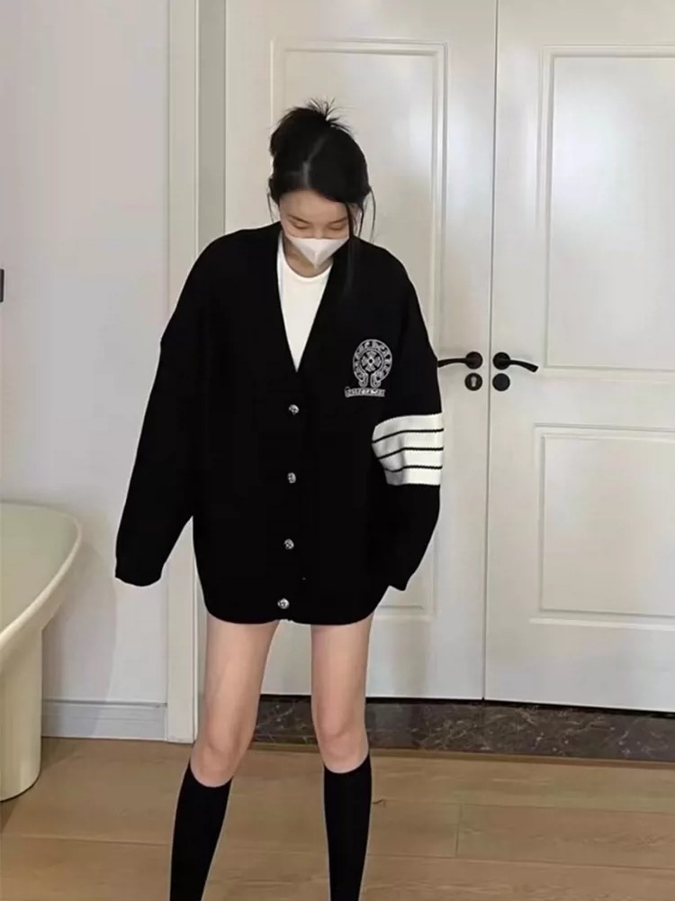 潮牌十字架提花針織開衫女寬鬆中長款開衫毛衣bf外套