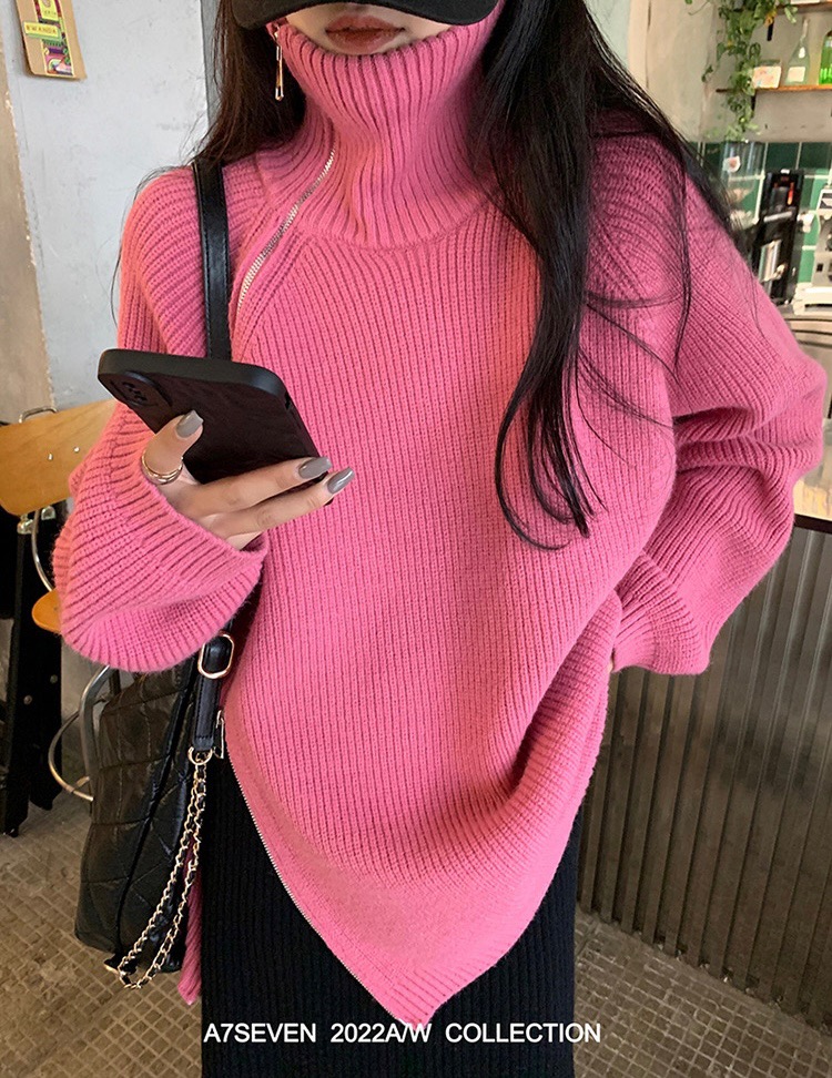 大表姐劉雯同款高翻領雙拉鏈羊絨衫女氣質慵懶風純羊毛寬鬆厚針織