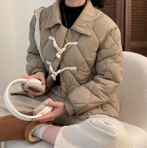 Korean chic winter new retro doll collar horn button cotton coat women's loose warm rhombus cotton coat