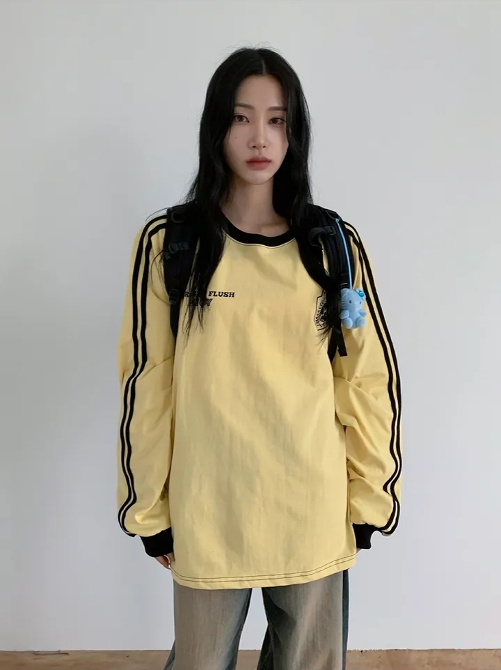 已保護~Y2K復古美式印花運動風織帶寬鬆長袖T恤上衣內搭韓國