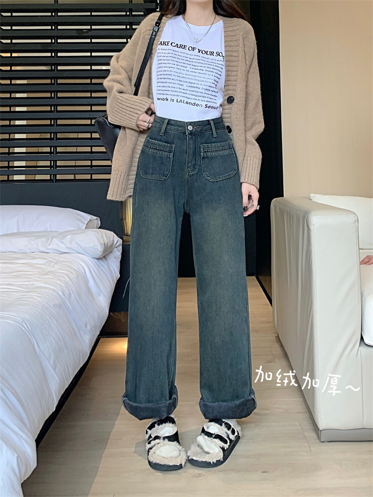 實拍 ~秋冬復古加絨加厚牛仔褲女高腰顯瘦直筒闊腿拖地長褲