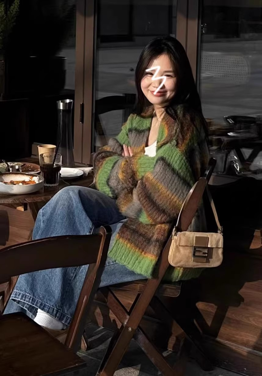 復古綠色條紋v領毛衣開衫外套女秋冬季寬鬆慵懶風中長款針織上衣