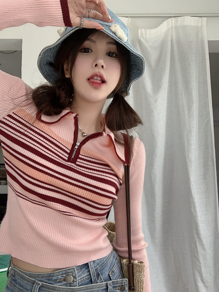 撞色條紋Polo領長袖針織衫毛衣女秋季設計感小眾短款chic修身上衣