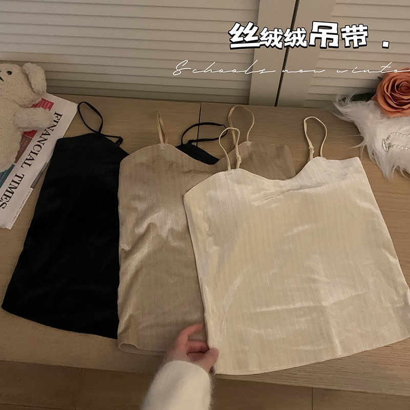 實拍 秋冬辣妹性感吊帶絲絨細閃帶胸墊無痕背心內搭打底上衣