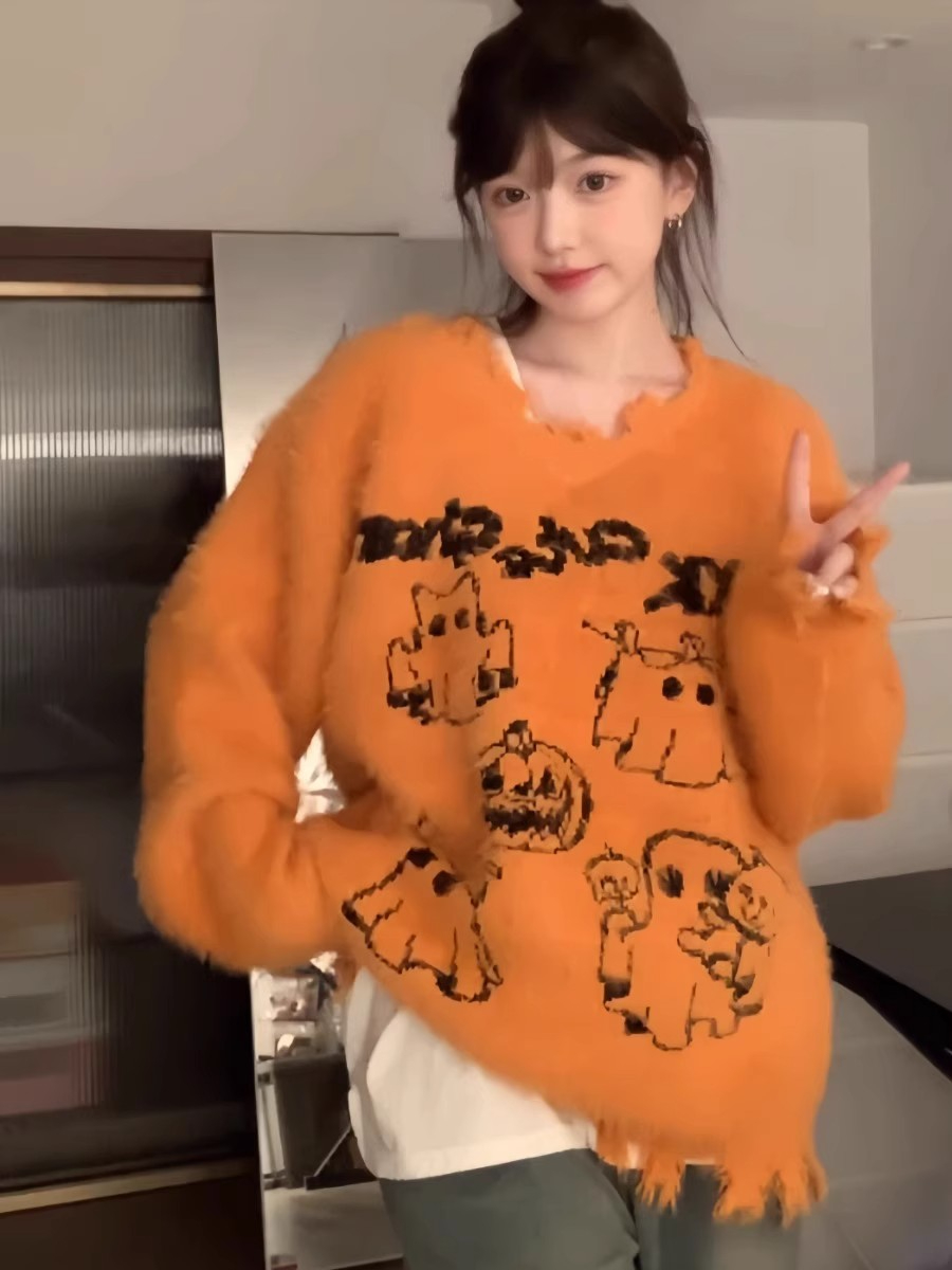 歐貨時尚萬聖可愛鬼提花V領毛衣女秋冬不規則下擺破爛針織衫上衣