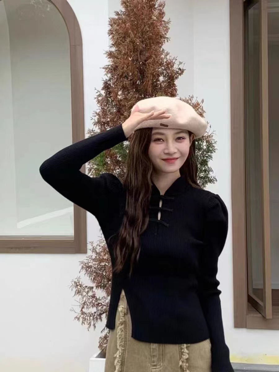 新中式復古國風盤扣毛衣女秋冬款高級感別致袖針織打底衫上衣