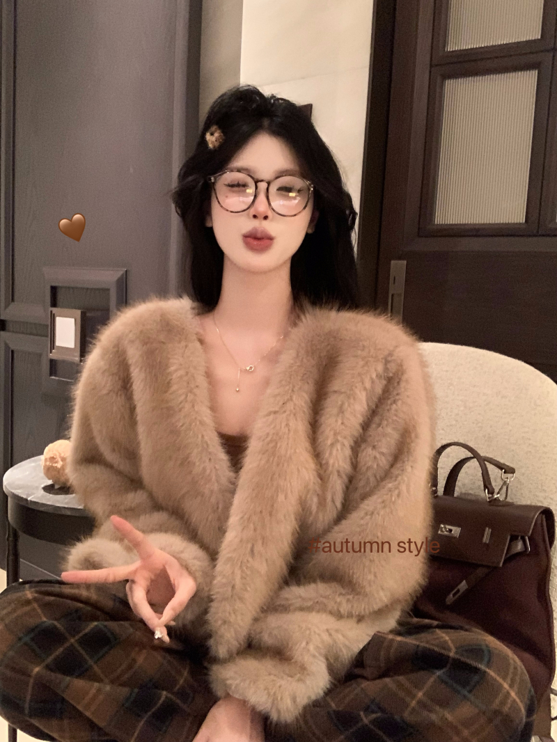實拍 溫柔慵懶風皮草外套女顯瘦短款毛毛大衣休閒羊絨闊腿褲