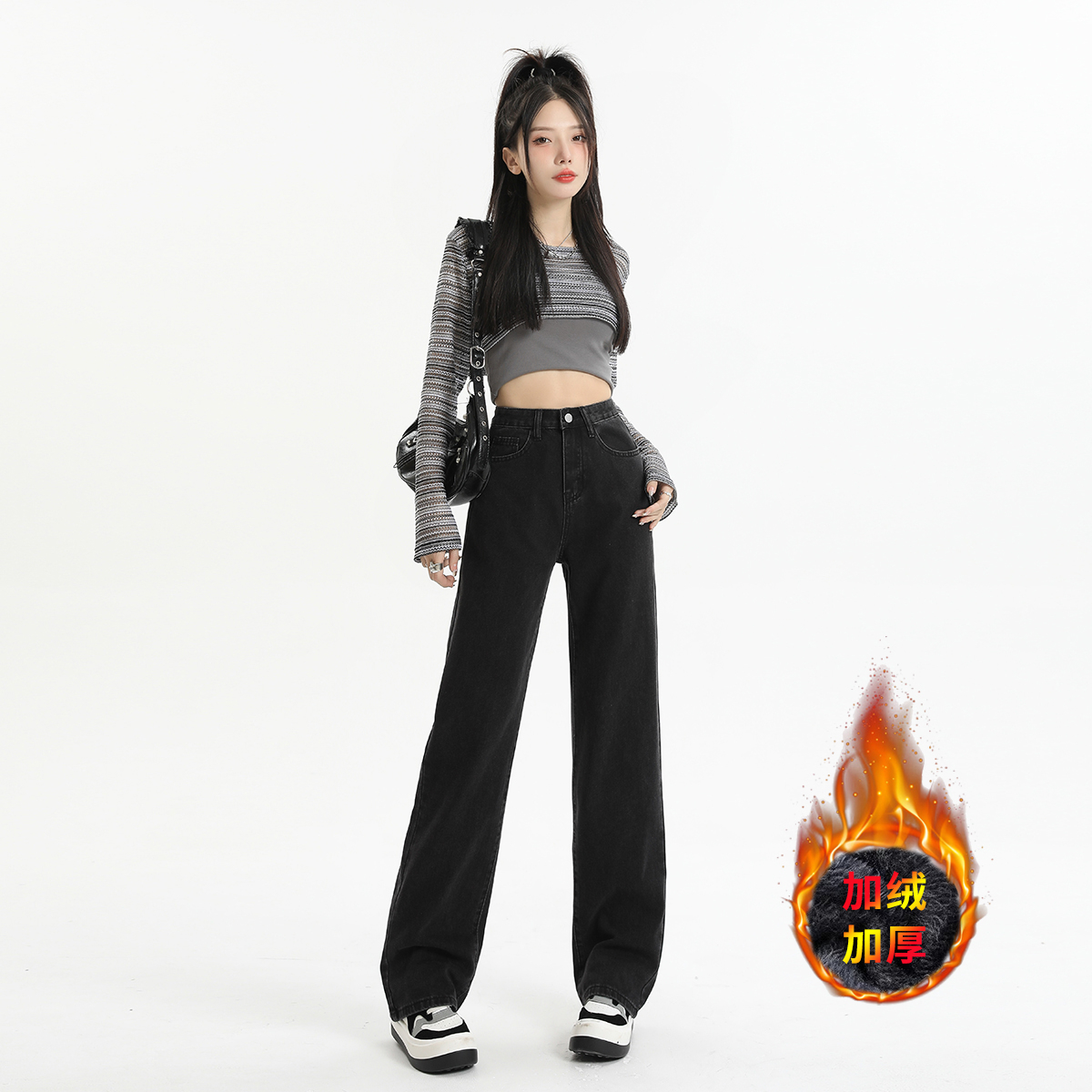 實拍2023秋季時尚高腰闊腿牛仔女長褲寬鬆顯瘦休閒百搭拖地褲