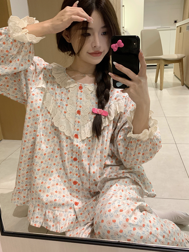 實拍  甜美可愛碎花長袖睡衣女可外穿長褲家居服兩件套