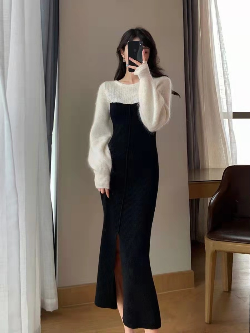 早秋高級感毛衣裙中長款法式打底黑色針織拼接連衣裙女秋冬配大衣