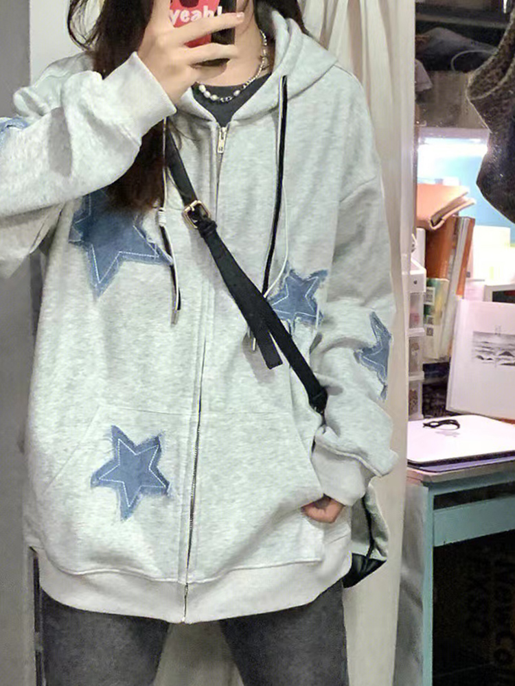 華棉複合牛奶絲 雙層帽 美式復古高街五角星外套女