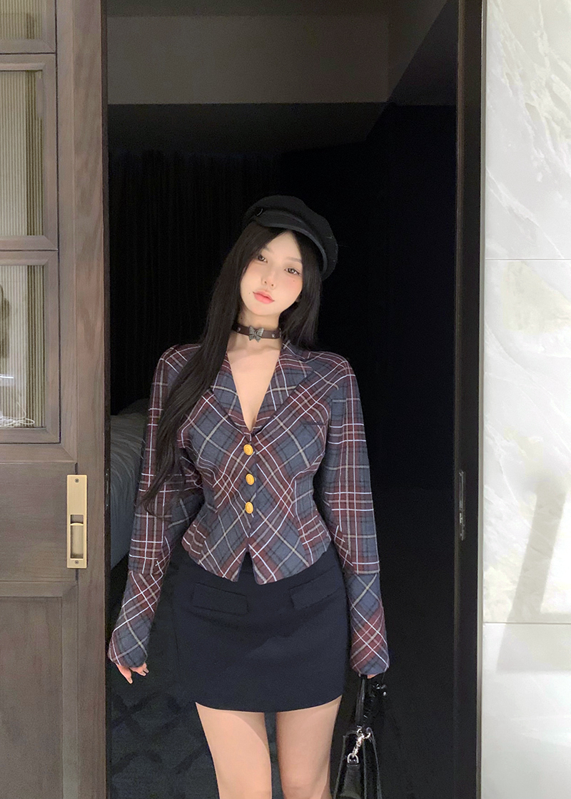 實拍 秋冬辣妹收腰顯瘦毛呢外套女高級感氣質撞色格子上衣