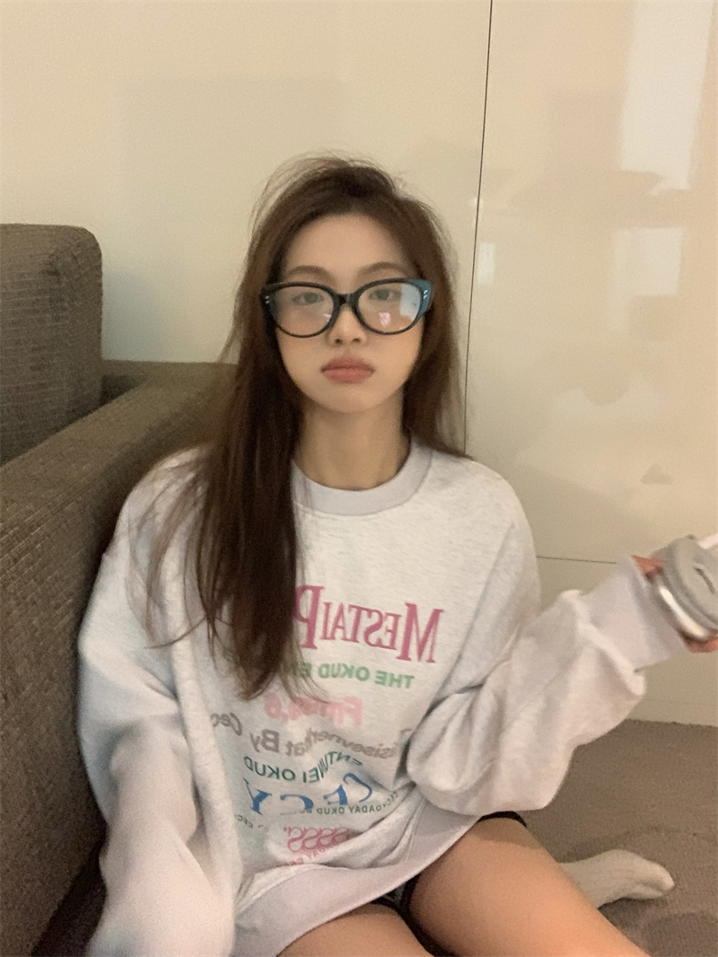 實拍~ 原創 美式復古設計彩色字母印花寬鬆加絨圓領衛衣
