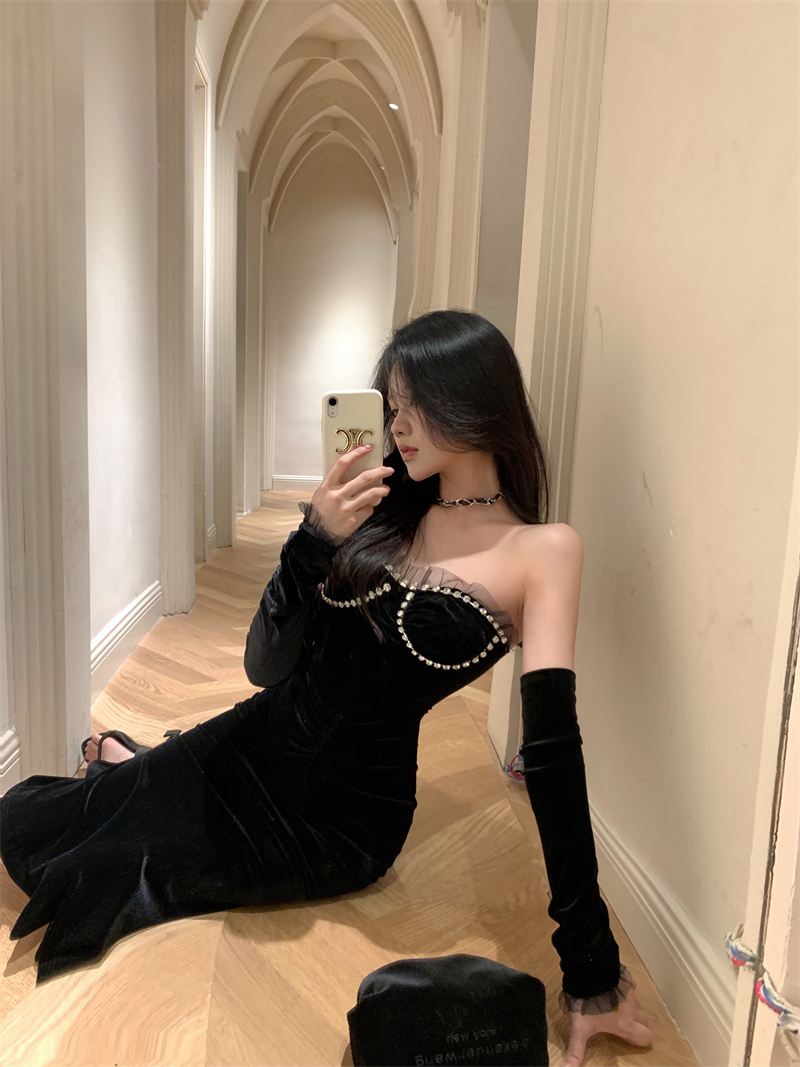 實拍~高級感魚尾裙修身帶胸鑽領絲絨禮服連衣裙 配袖套