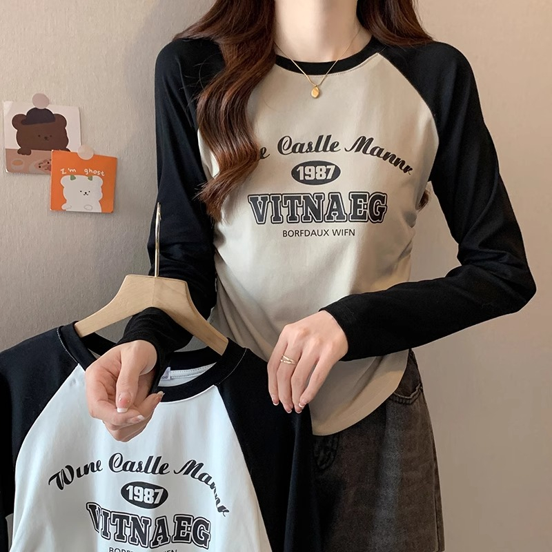 長袖插肩美式復古T恤女胖MM不規則設計感小眾顯瘦遮肉上衣