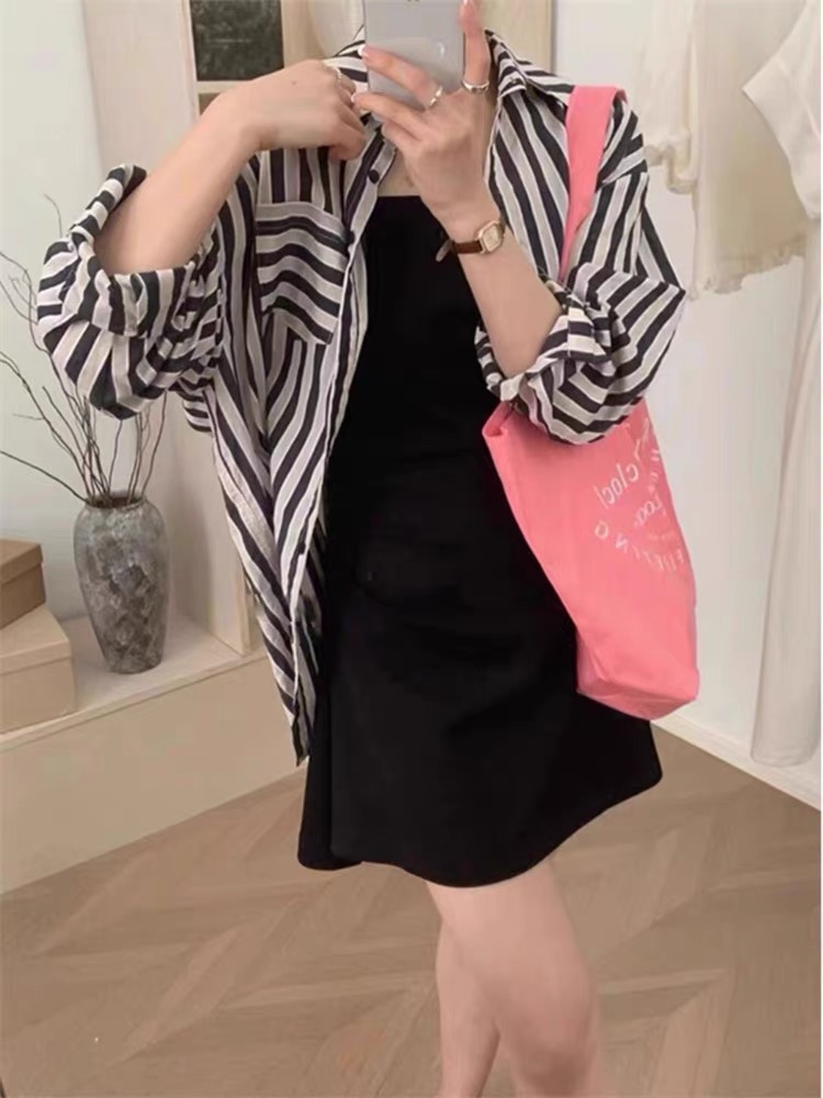 黑白條紋長袖襯衫女裝秋季設計感寬鬆休閒防曬襯衣別致中長款上衣