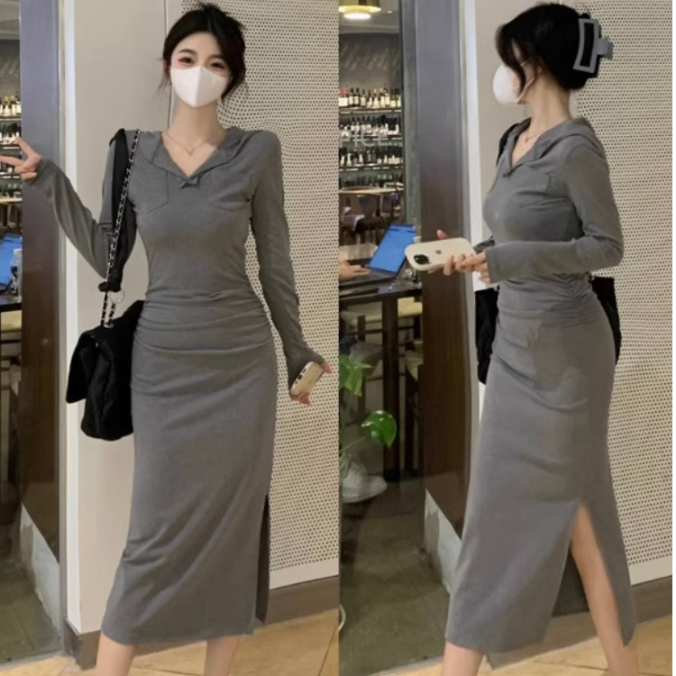 大碼胖mm連帽V領衛衣裙修身顯瘦開叉連衣裙女秋冬辣妹收腰包臀裙