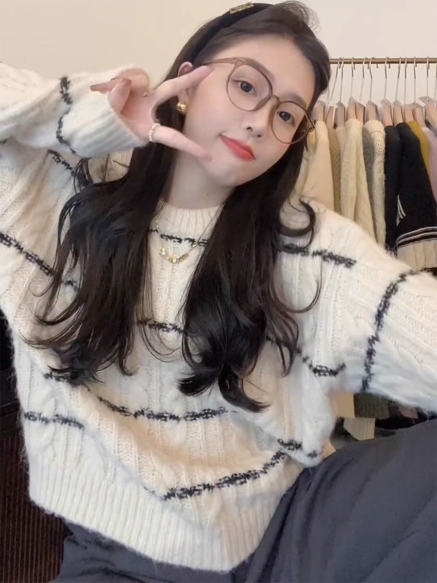 慵懶風設計感條紋毛衣女2023春秋新款外穿內搭軟糯打底加厚針織衫