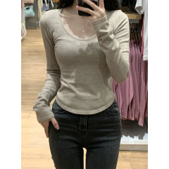 Design U-neck T-shirt for women, autumn and winter innerwear, slimming, small, fashionable, spicy girl, brushed t-shirt long-sleeved top 