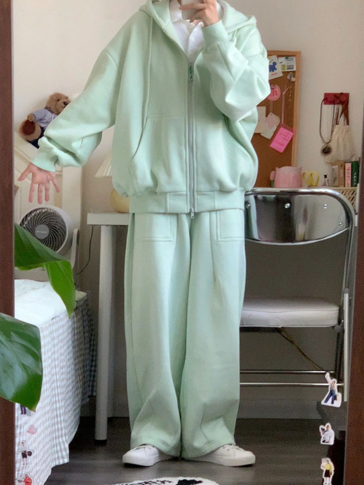 港風運動服秋冬季套裝女連帽衛衣加絨加厚外套學生時尚休閒兩件套