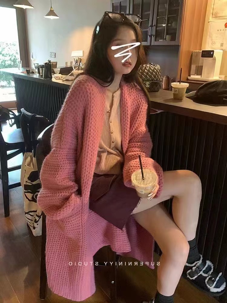 慵懶粉色毛衣外套女秋冬小個子中長款寬鬆針織開衫外搭軟糯大衣厚