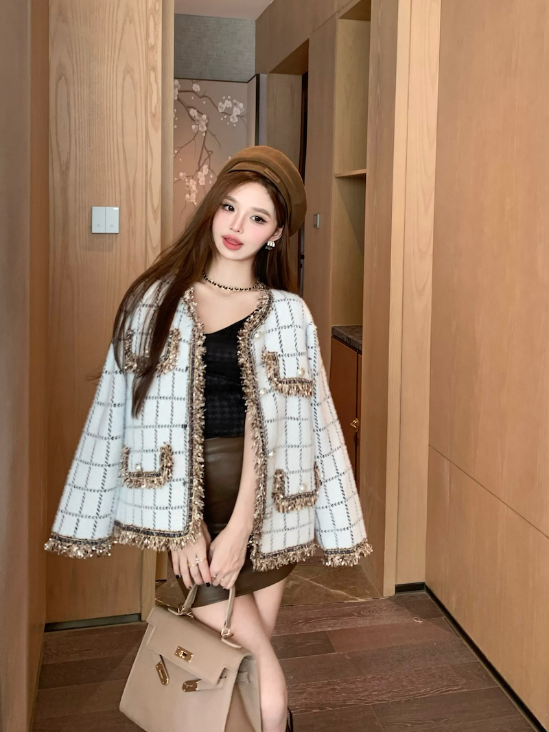 實拍 法式仿水貂絨亮絲流蘇邊小香風百搭外套女氣質毛衣開衫潮
