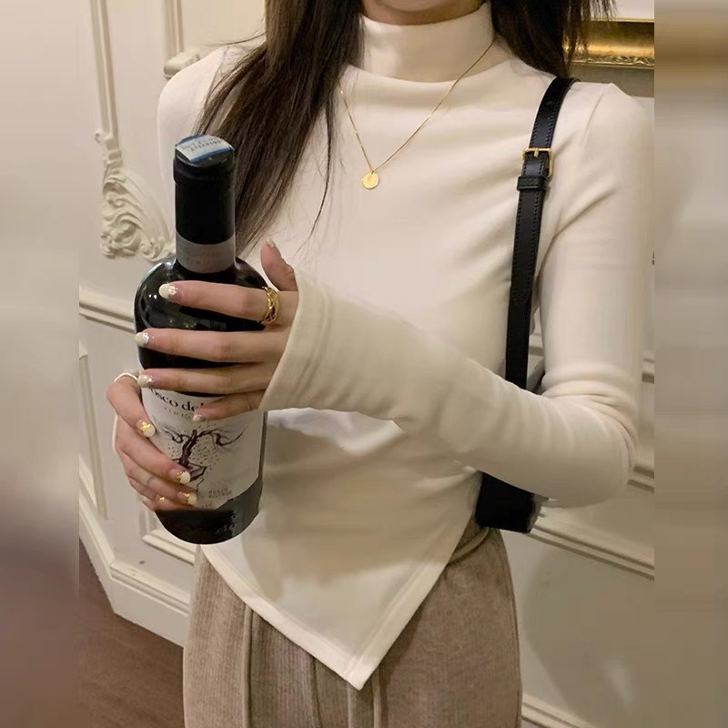 有氨雙面德絨半高領打底衫女冬季修身顯瘦不規則內搭外穿長袖上衣